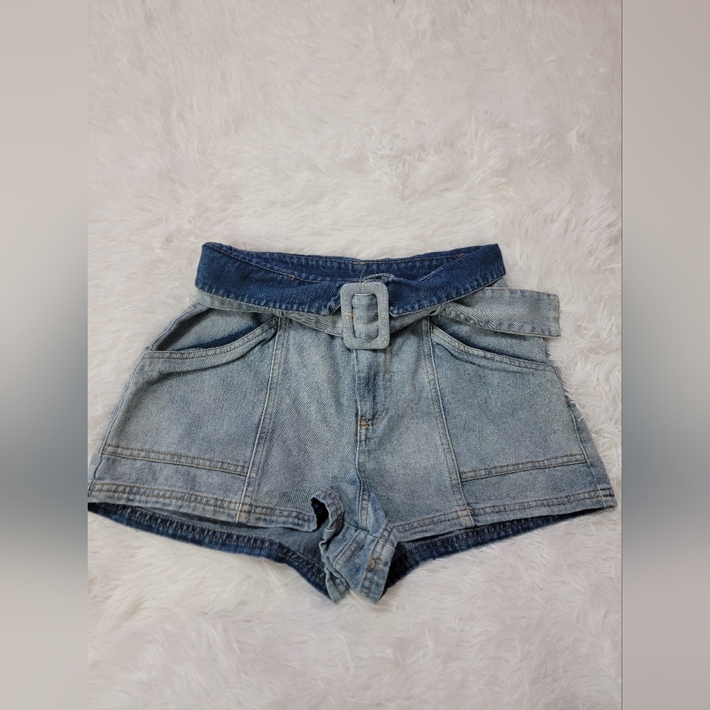 Le Lis 100% Cotton Paper Bag Belt  Light Blue High-Waisted Shorts Size 29 - Picture 10 of 13